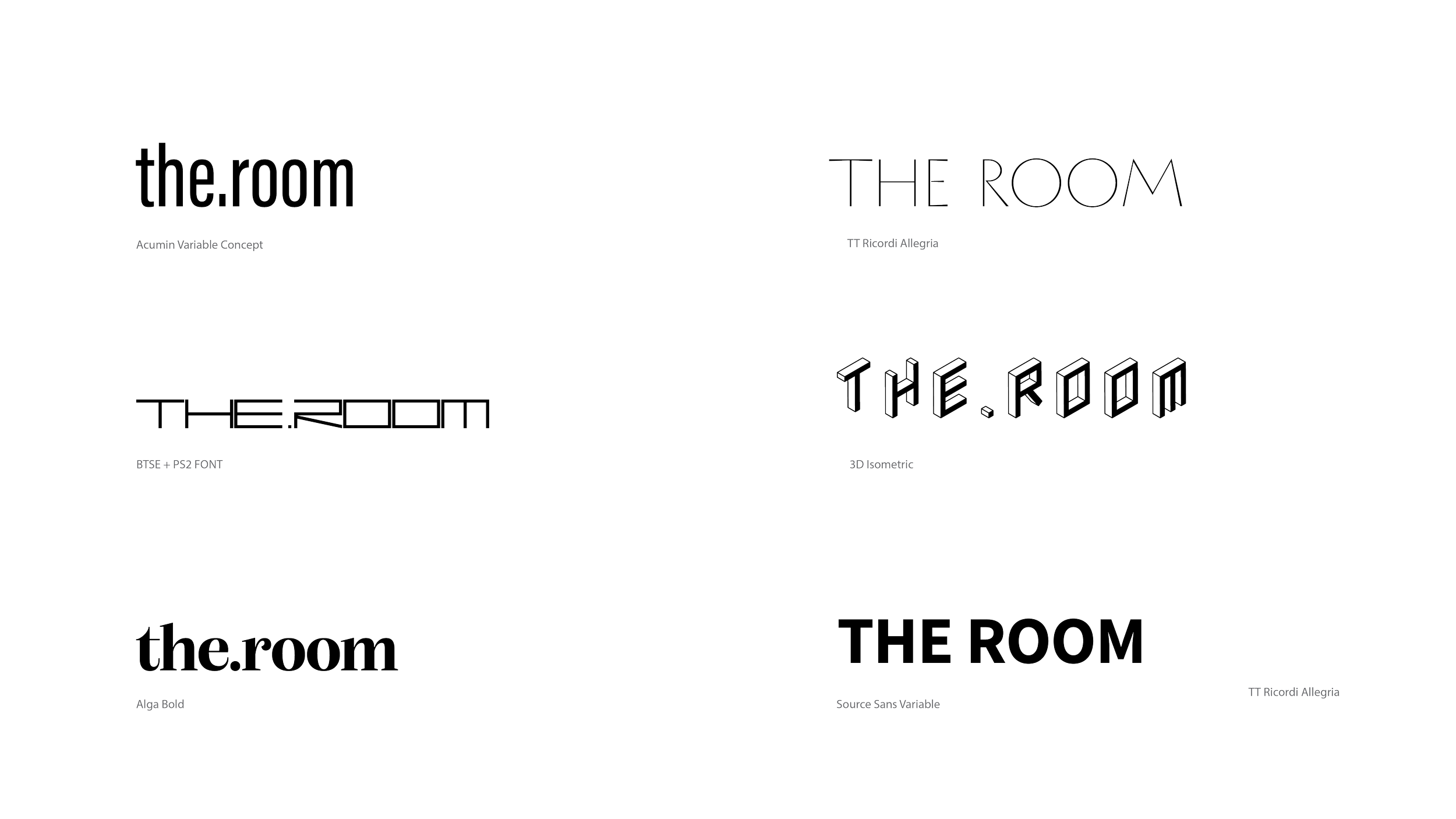 A collection of different font styles for the words "the.room" and "THE ROOM," including thin outline, 3D, geometric, metallic, and handwritten styles.