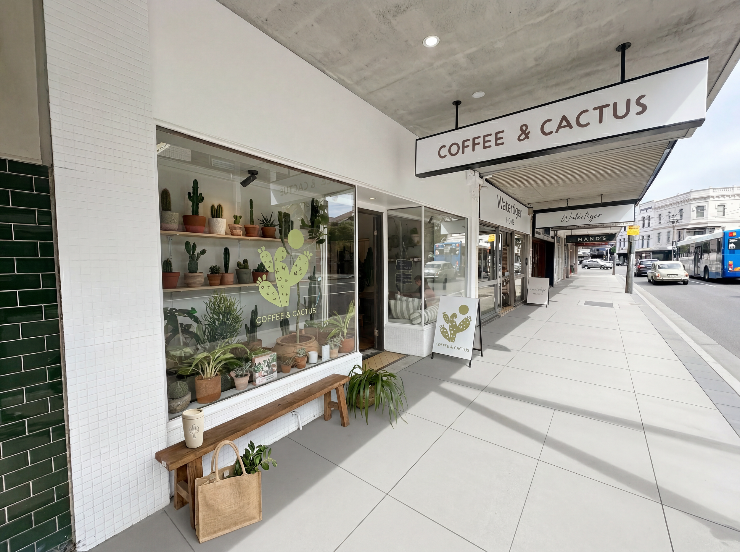 Street view of a storefront called Coffee & Cactus with a display window showcasing various potted cacti and plants. There are outdoor signs and a bench with a bag and some plants on the sidewalk, and it appears to be a sunny day with a few parked and moving cars in the background.