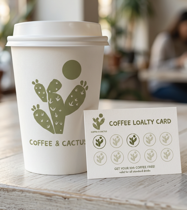 A white coffee cup with a green cactus logo and the text 'Coffee & Cactus' on a table, next to a loyalty card with cactus icons and promotion details.