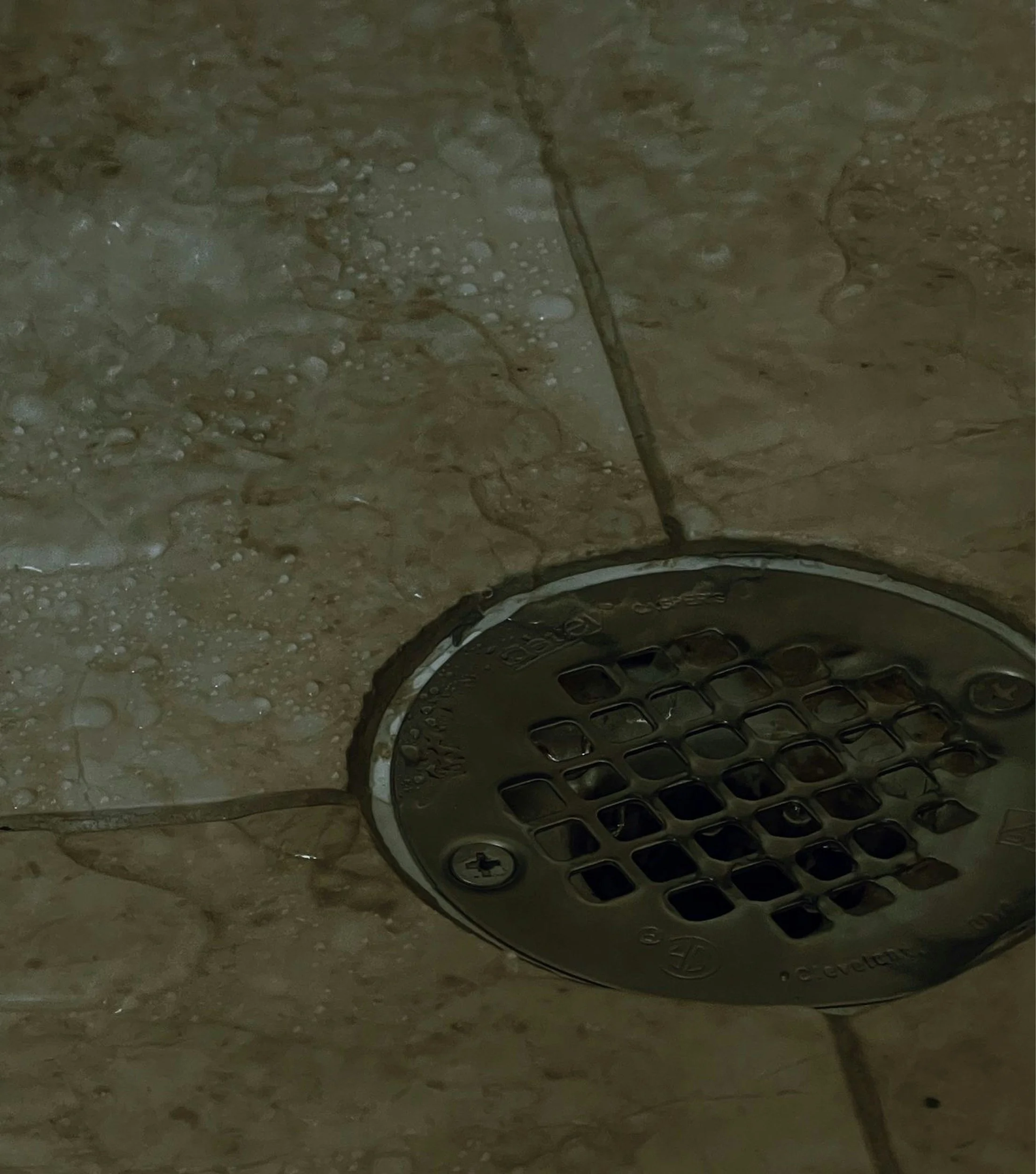 Close-up of a black plastic drain cover on a concrete or stone surface with water and bubbles.