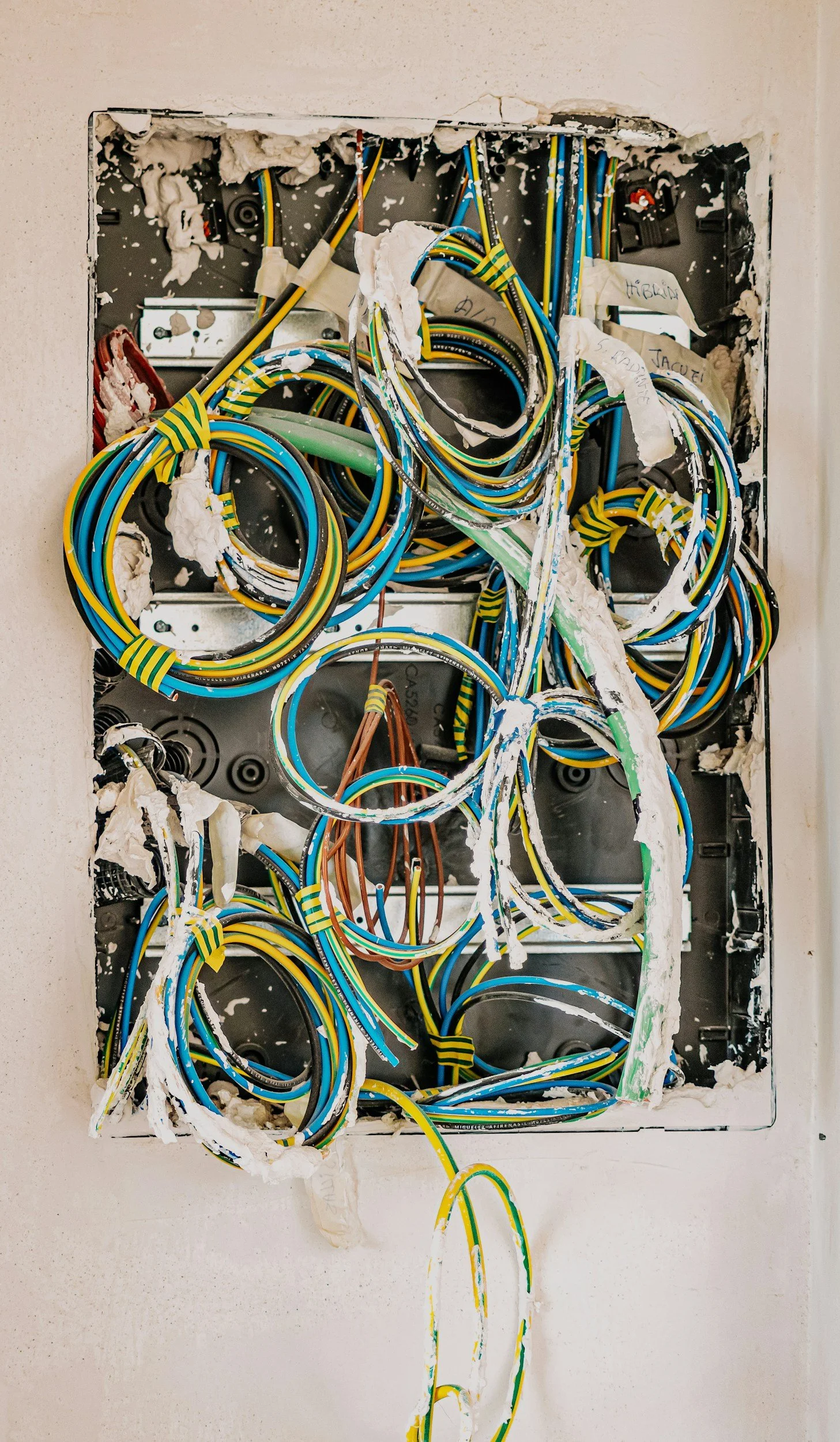 Open electrical wall box with multiple blue, yellow, green, and brown wires, some taped and loose, with torn white wall material surrounding it.