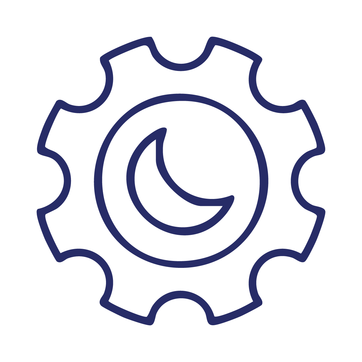 Outline of a gear with a crescent moon inside, symbolizing night or sleep-related technology.