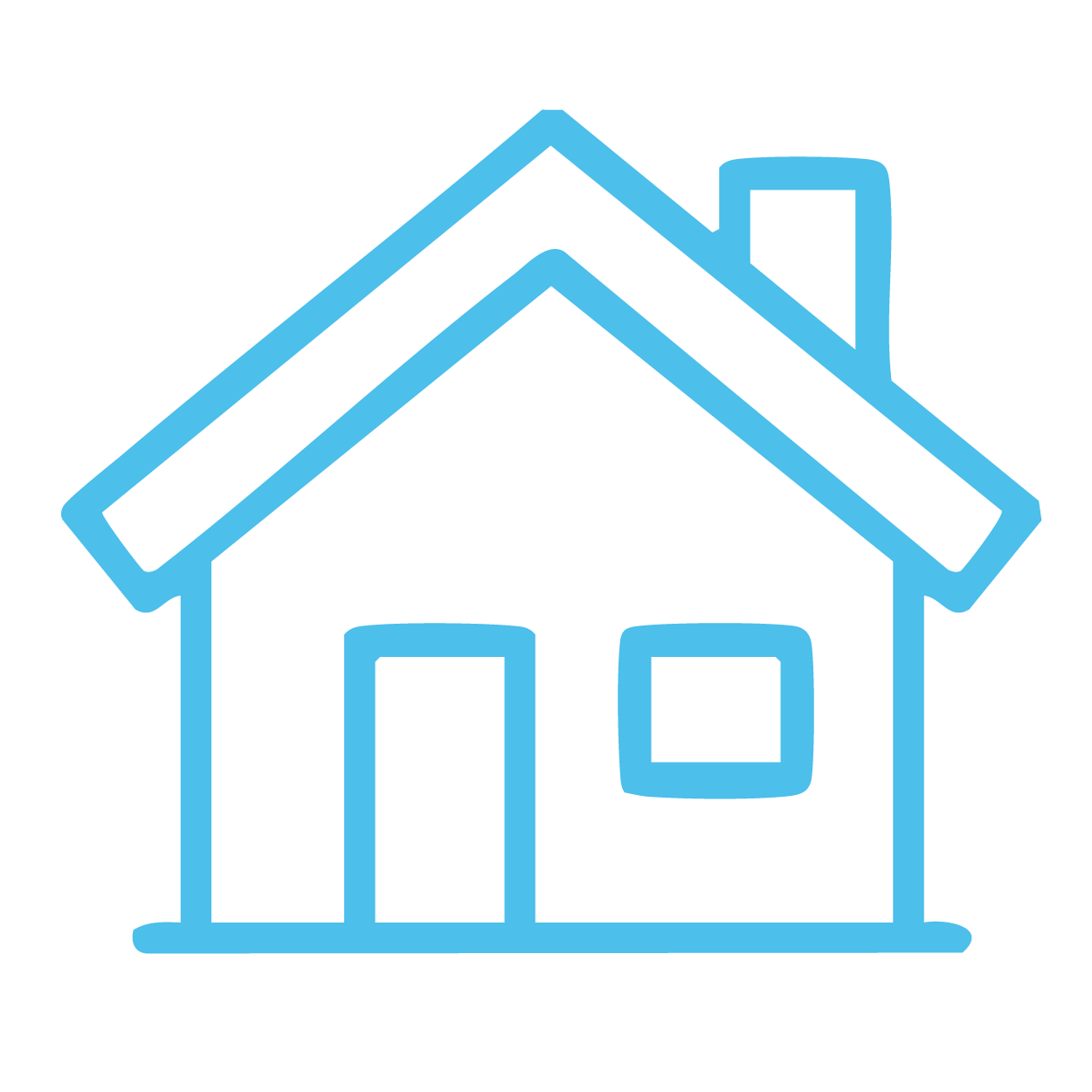 Outline drawing of a house with a pitched roof, chimney, door, and a small window, in light blue color.