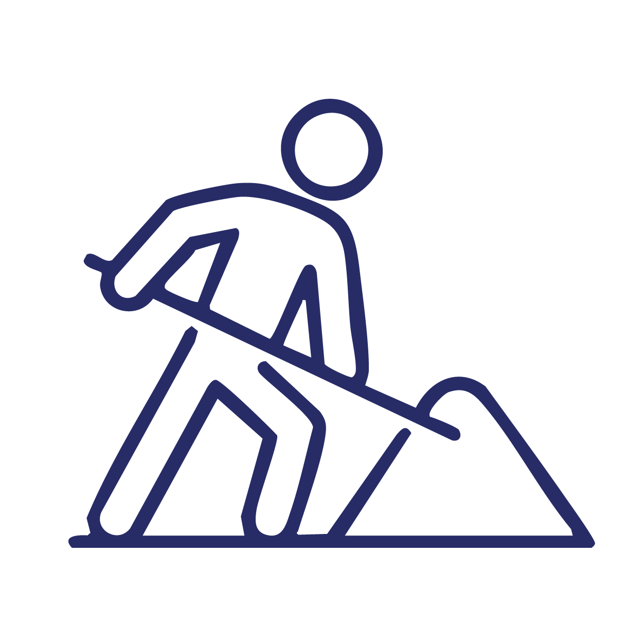 Line drawing of a person using a shovel to move dirt or sand.