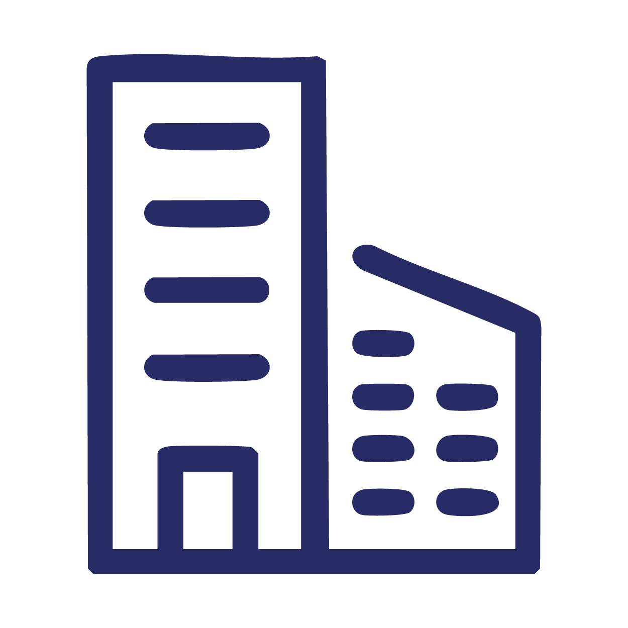 Digital icon of a tall building and a shorter building, both outlined in dark blue.