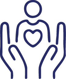 Outline of a person with a heart on their chest, surrounded by two hands supporting or holding them.