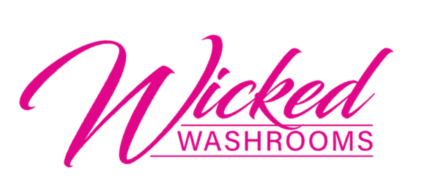 Wicked Washrooms logo in pink and purple text on a black background.