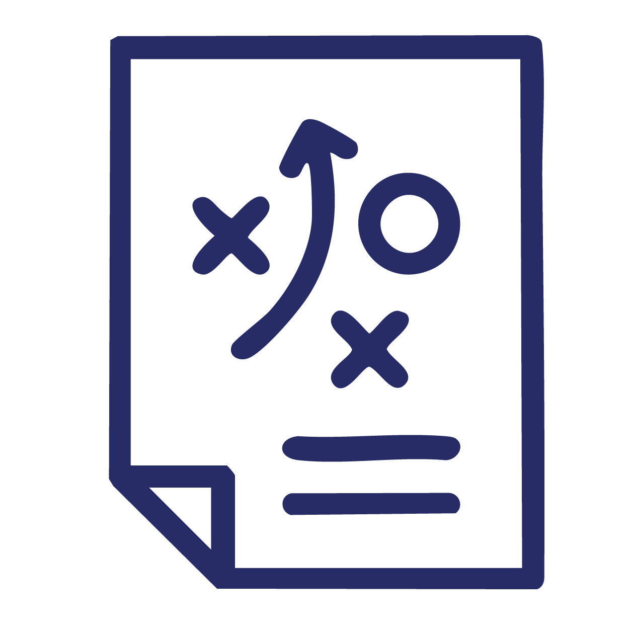 Line drawing of a sheet of paper with a sports strategy diagram, featuring X and O symbols and an arrow showing a movement or play.