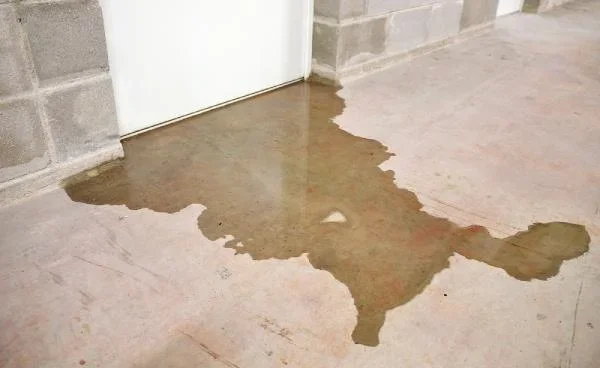 A concrete floor with a puddle of water near a white door.