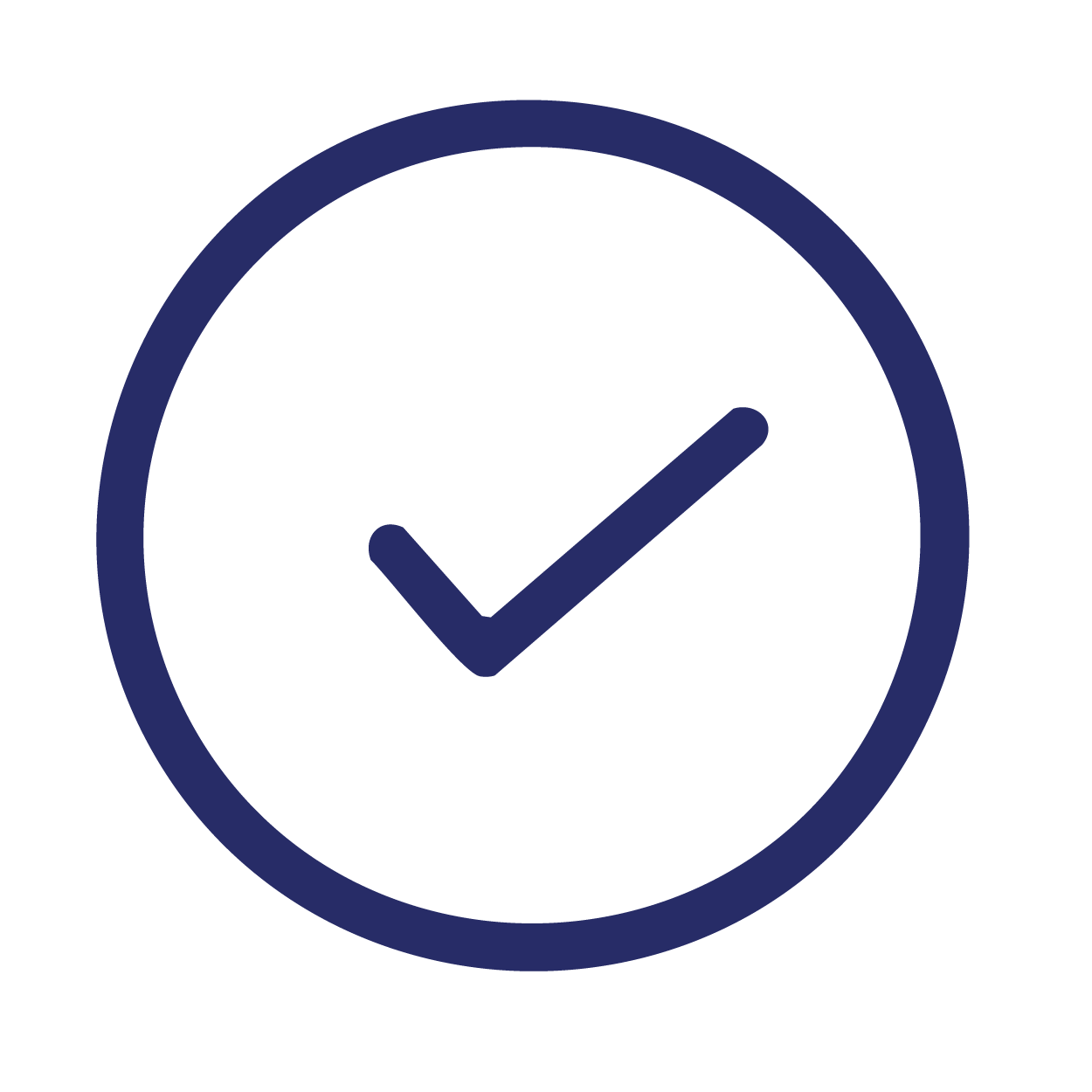 A dark blue circle with a check mark inside, indicating completion or approval.