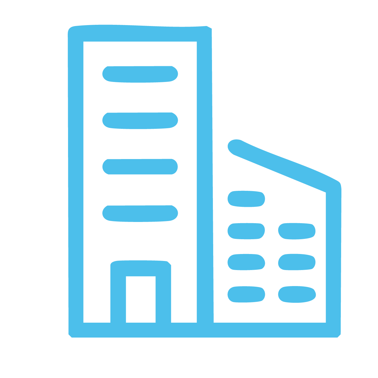 Outline of a tall apartment building and a shorter office building, both shown in blue on a black background.