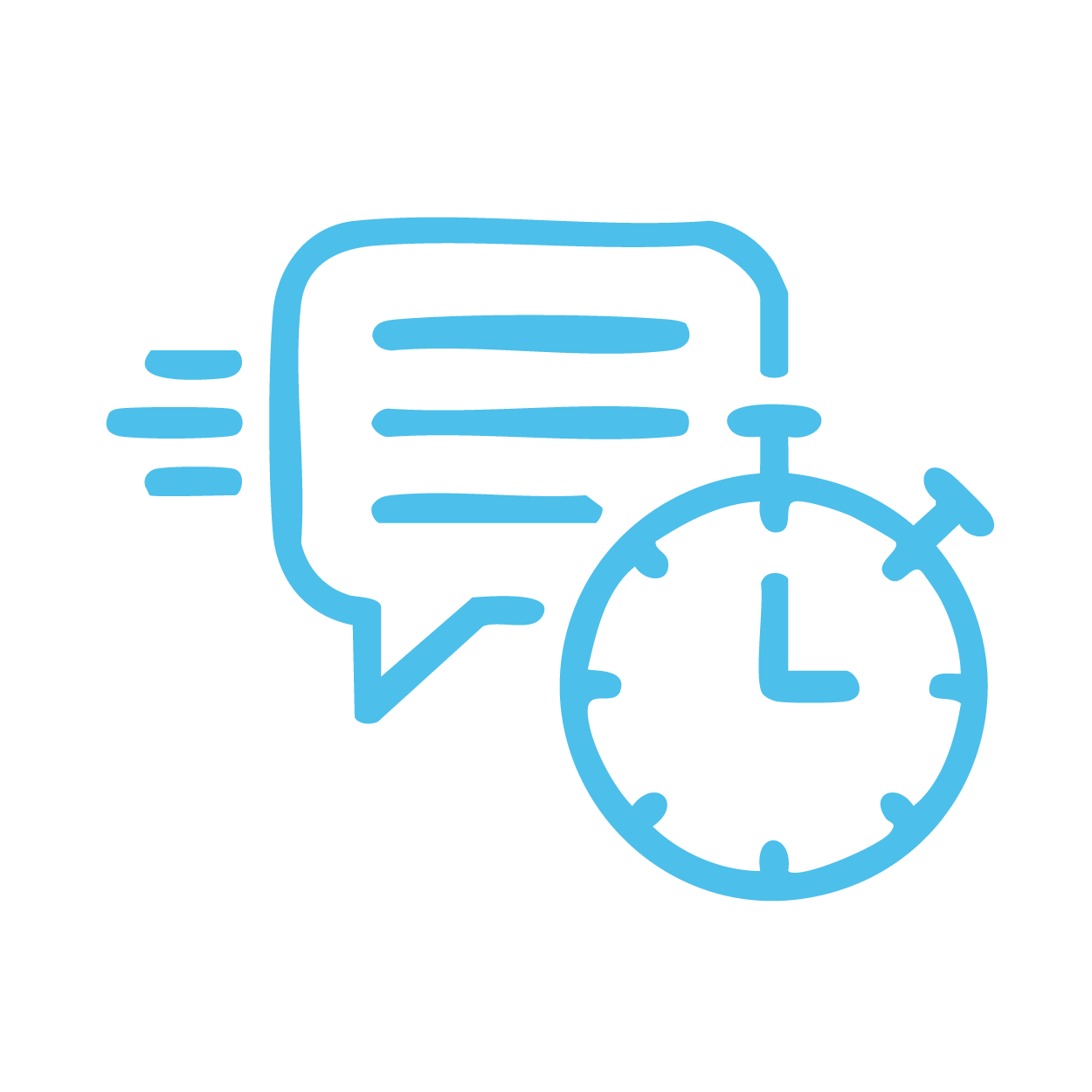 Icon of a speech bubble and a stopwatch symbol, indicating quick or timely communication.