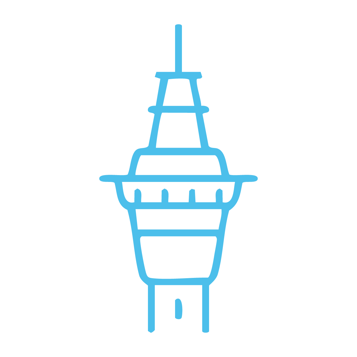 Line drawing of the Space Needle in Seattle, in blue outline on a black background.