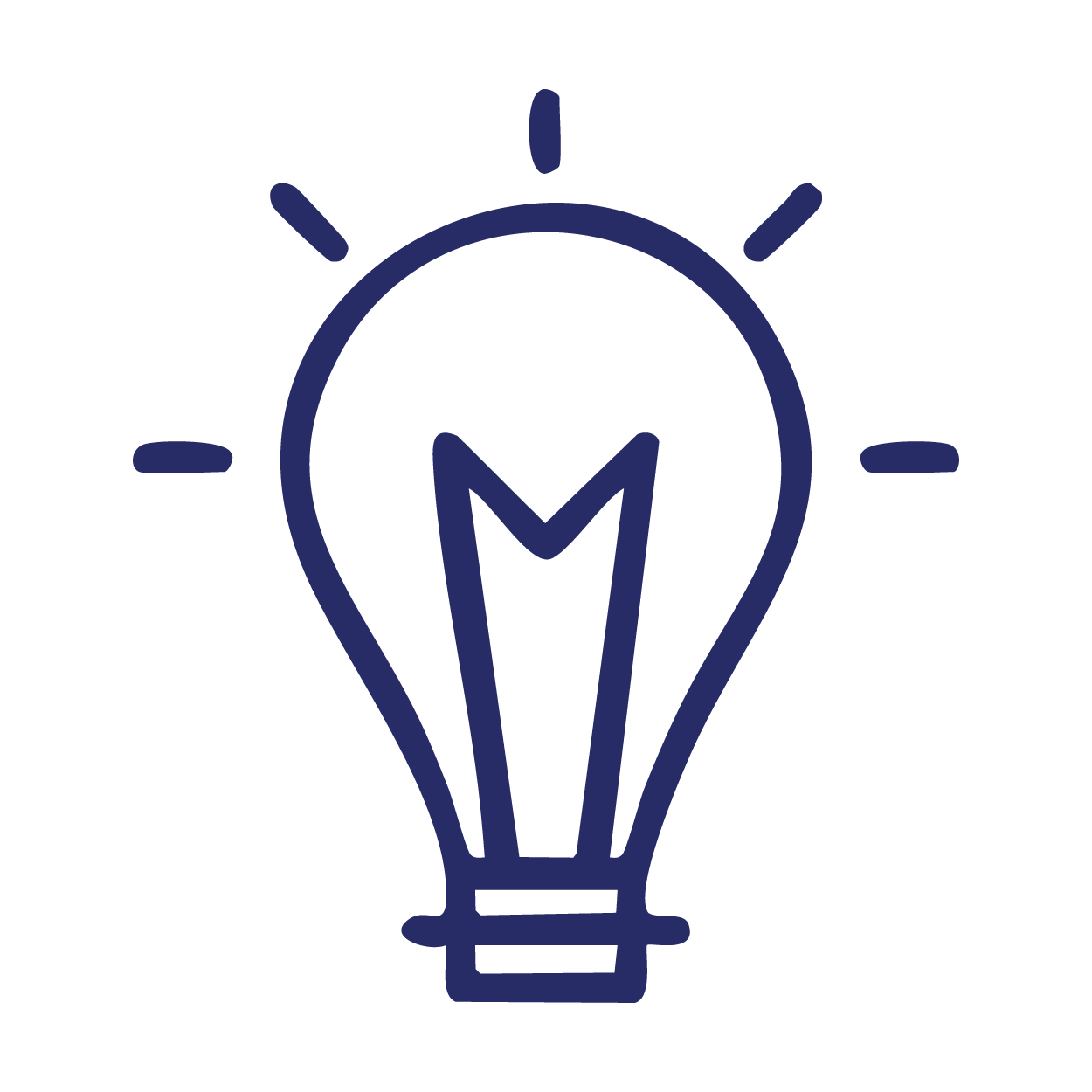 Line drawing of a light bulb with the letter M inside, emitting light rays.