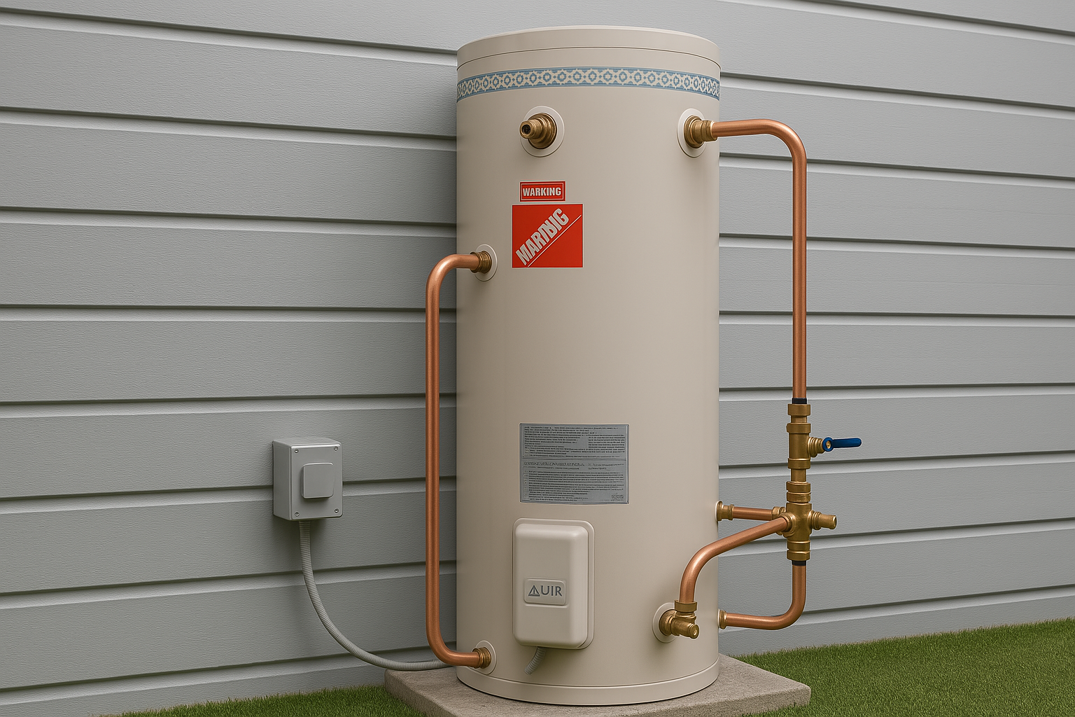 An outdoor water heater with copper pipes and a blue valve, mounted against gray siding, with a grass strip at the base.