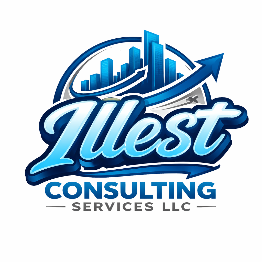 Logo for Illest Consulting Services LLC featuring a city skyline, a rising arrow, and bold text in shades of blue.