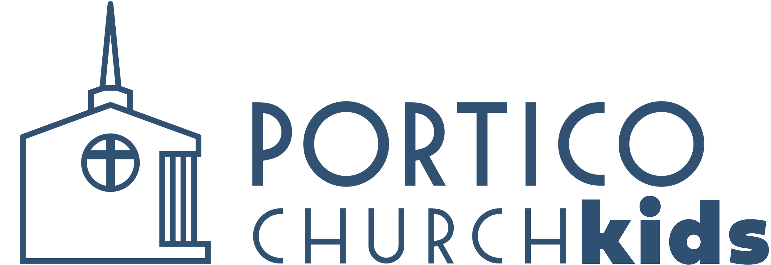 Logo for Portico Church Kids featuring a stylized church steeple and cross on the left, with the text 'PORTICO CHURCH KIDS' to the right.