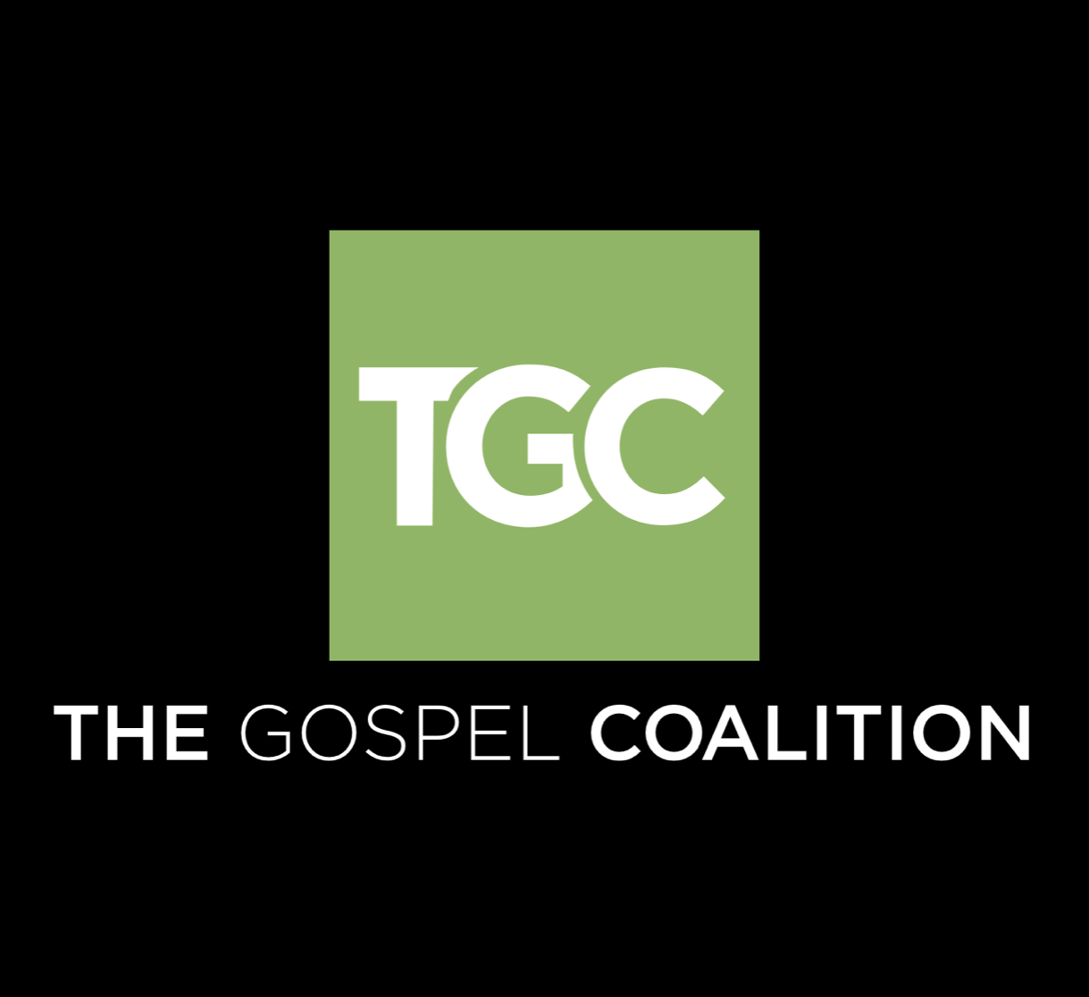 Logo of the Gospel Coalition featuring a green square with white letters 'TGC', and the words 'The Gospel Coalition' below in white text on a black background.