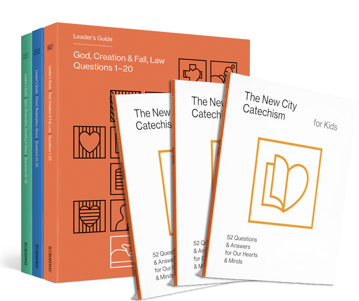 Set of religious educational books and pamphlets, including a larger orange book titled 'God, Creation & Fall, Law Questions 1-20' and three smaller white pamphlets titled 'The New City Catechism for Kids,' with colorful spines on the larger books.