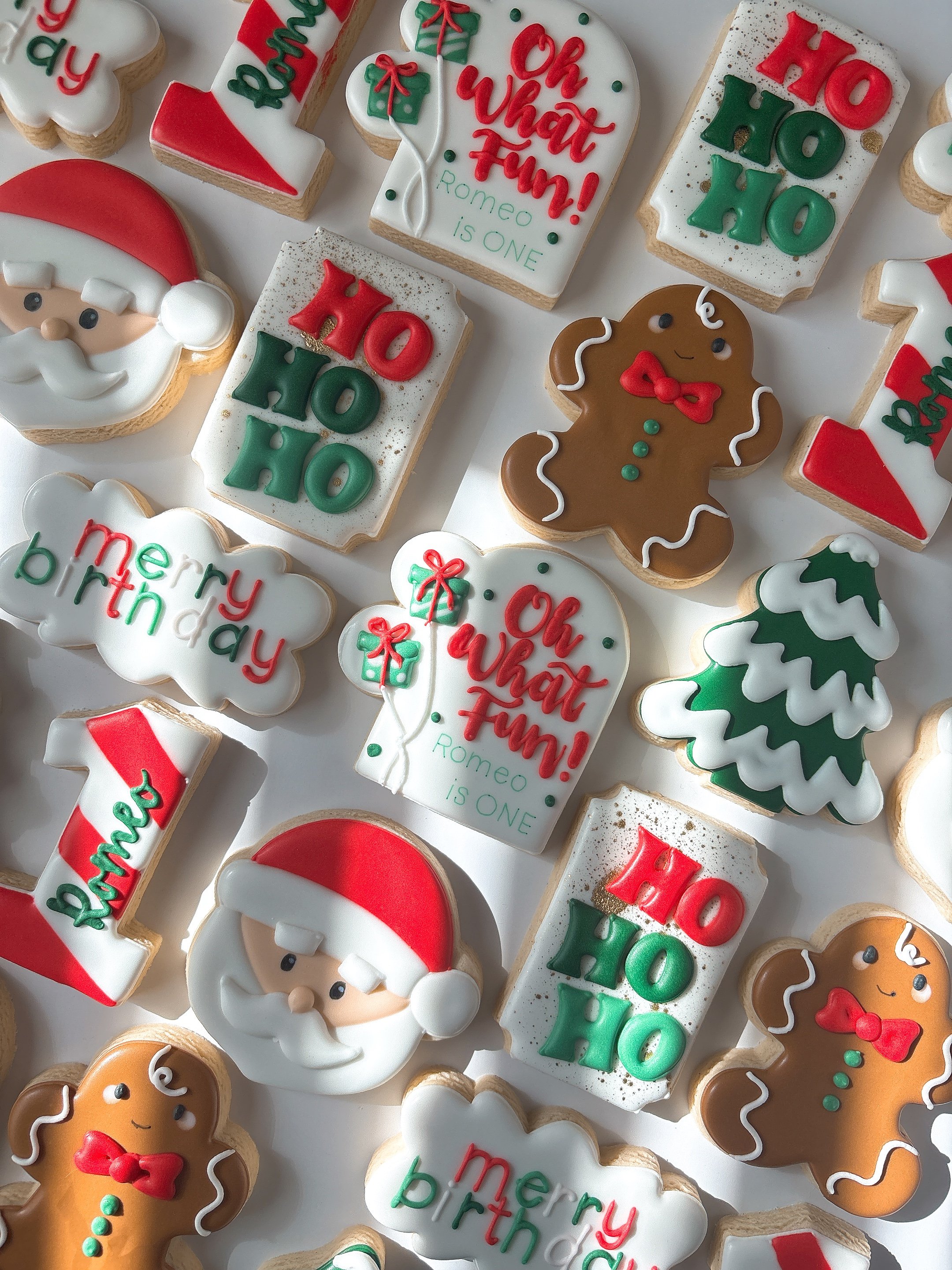 Assorted decorated Christmas cookies including Santa Claus, gingerbread man, Christmas tree, and holiday messages such as 'Merry Christmas' and 'Ho Ho Ho.'