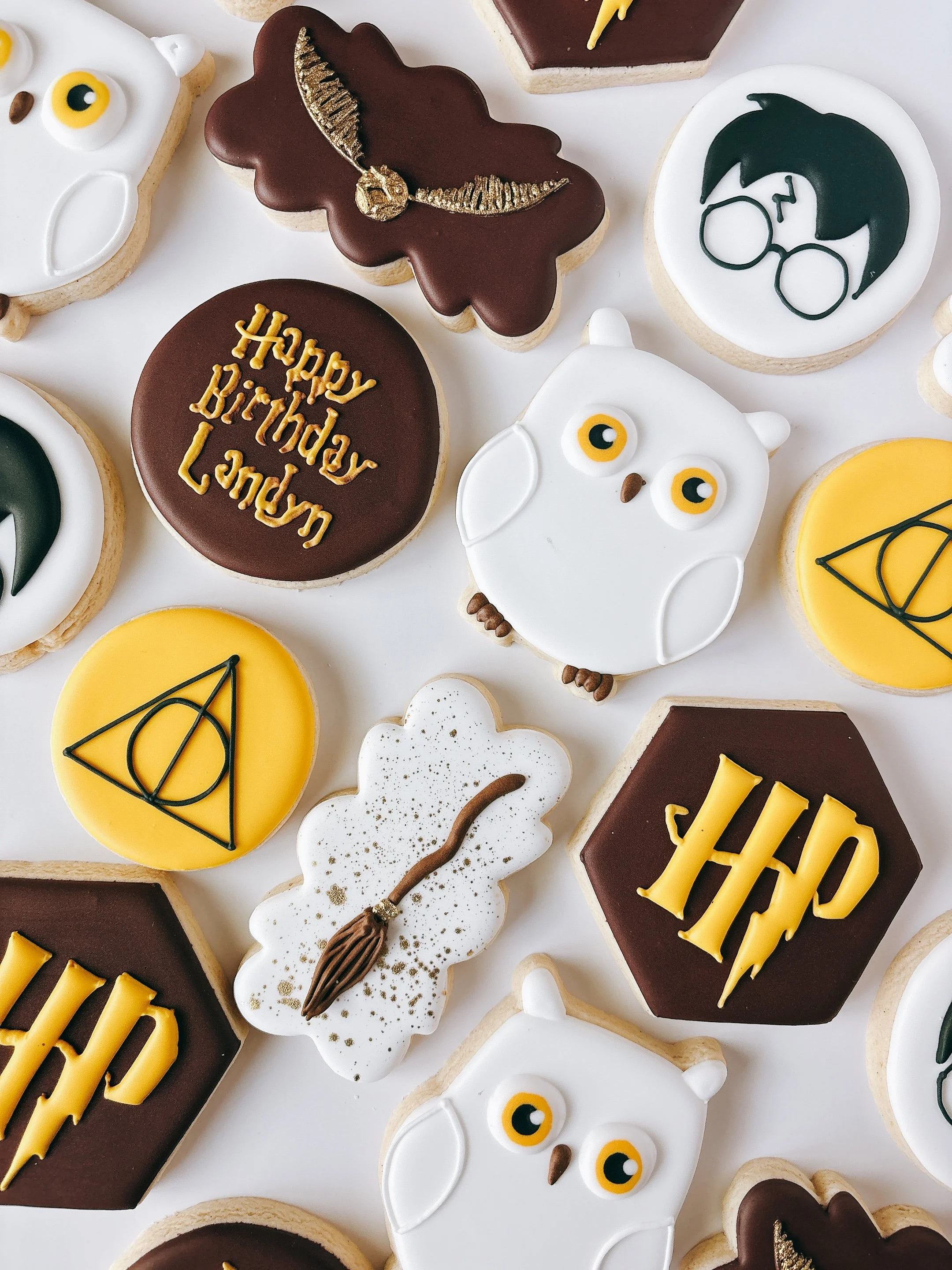 Decorative cookies with various designs including a dinosaur, Harry Potter glasses and scar, Golden snitch, owl, and geometric shapes, decorated with icing and edible details.
