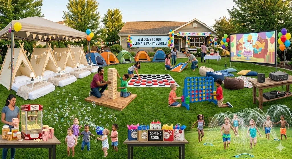 Backyard outdoor birthday party with tents, games, a big screen showing an animated birthday cartoon, children playing, and decorations.