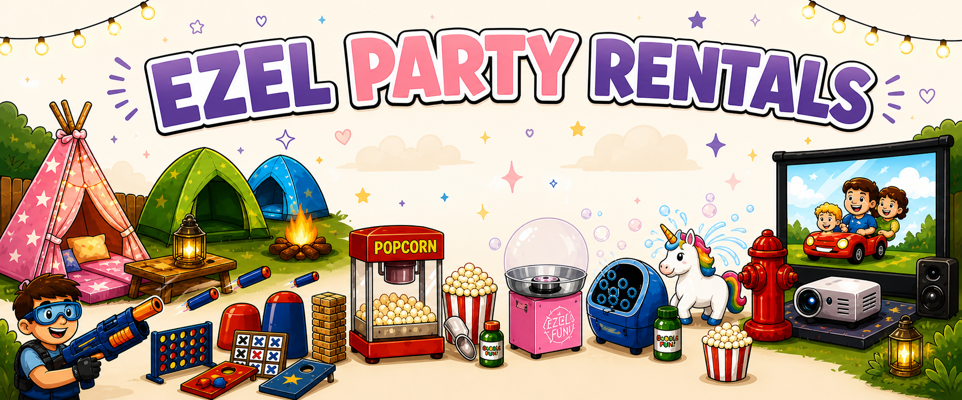 Colorful illustration of a party scene with tents, a campfire, popcorn, arcade games, toys, a video projector, and a family photo with children in a car, with string lights and decorative elements.