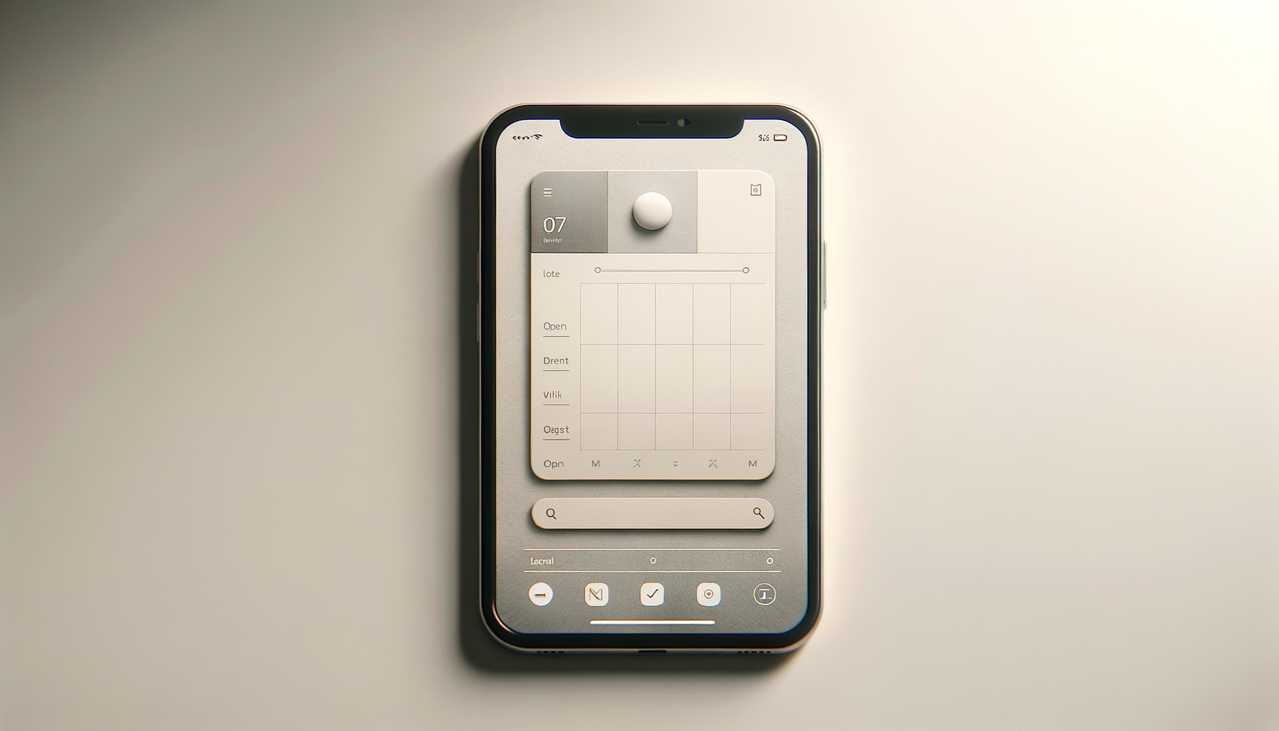 Close-up of a smartphone displaying a minimalist app interface with a light background, a large white control knob at the top, a list of categories on the left, a grid in the middle, and a search bar at the bottom.