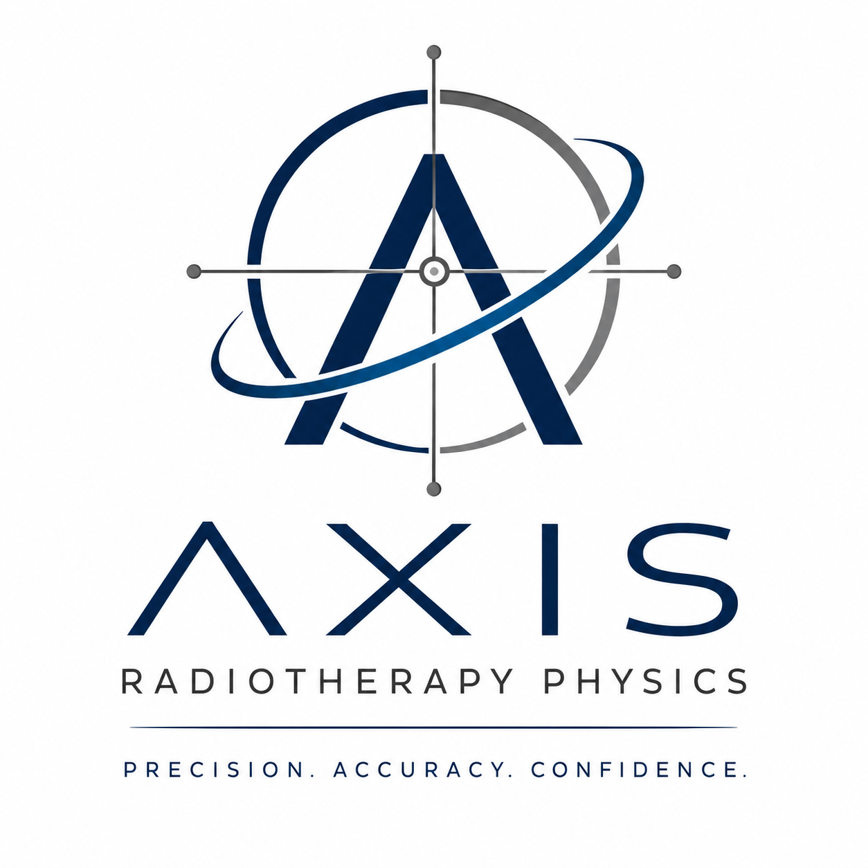 Logo for Axis Radiotherapy Physics with stylized letter A and orbit, taglines 'Precision. Accuracy. Confidence.'