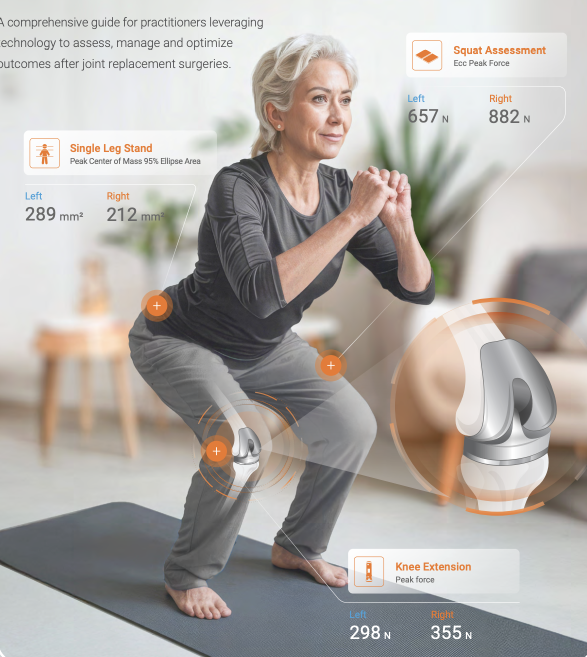 Older woman performing squat exercise on yoga mat with digital overlay showing leg, knee, and squat assessment data.