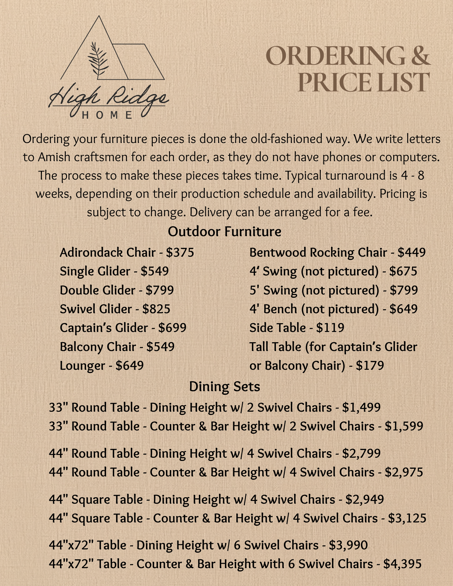 A menu page from High Ridge Home showing an ordering and price list for outdoor furniture and dining sets, with prices ranging from around $119 to over $4,000.