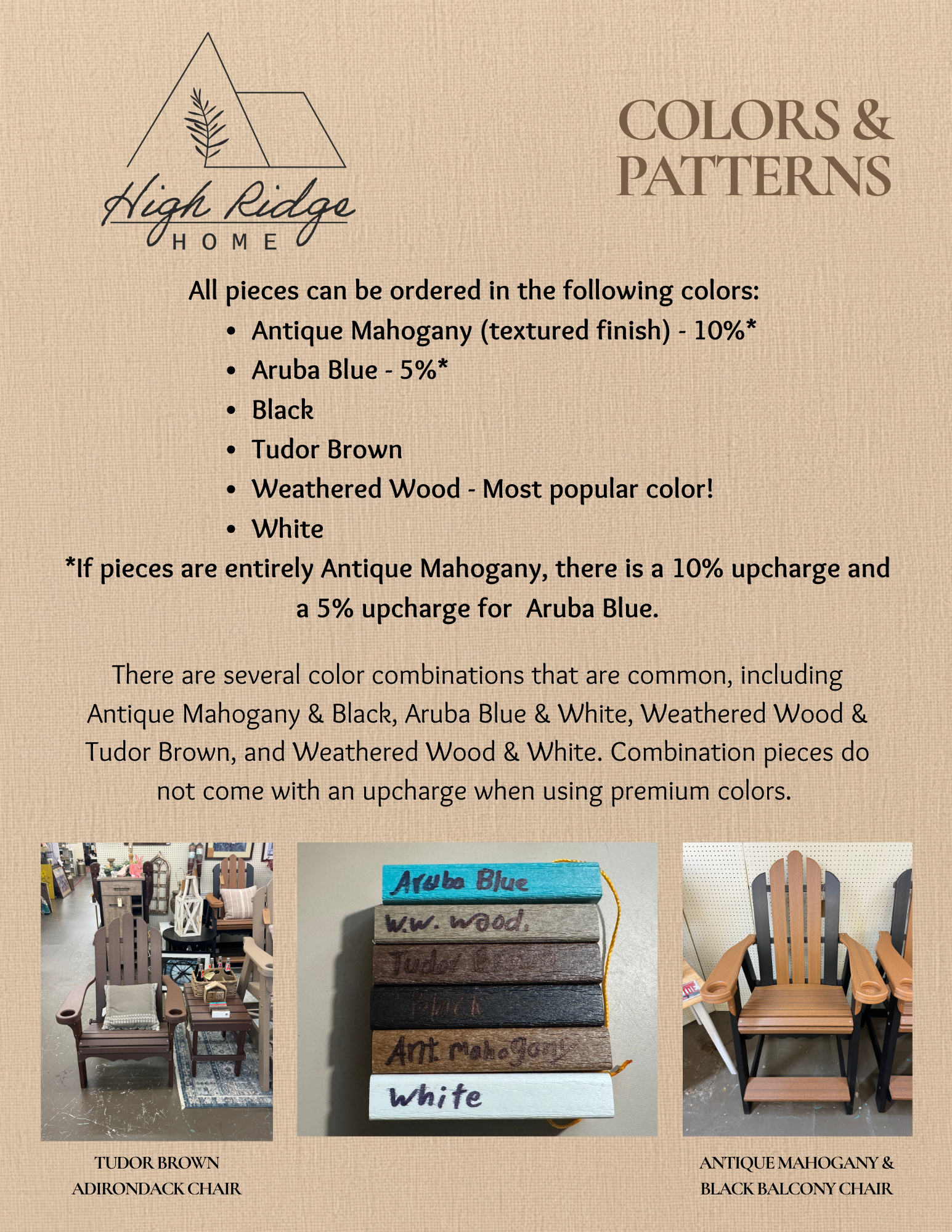 Display of furniture samples including a Tudur Brown Adirondack Chair, an Antique Mahogany & Black Balcony Chair, and various decorative pieces in a furniture store.