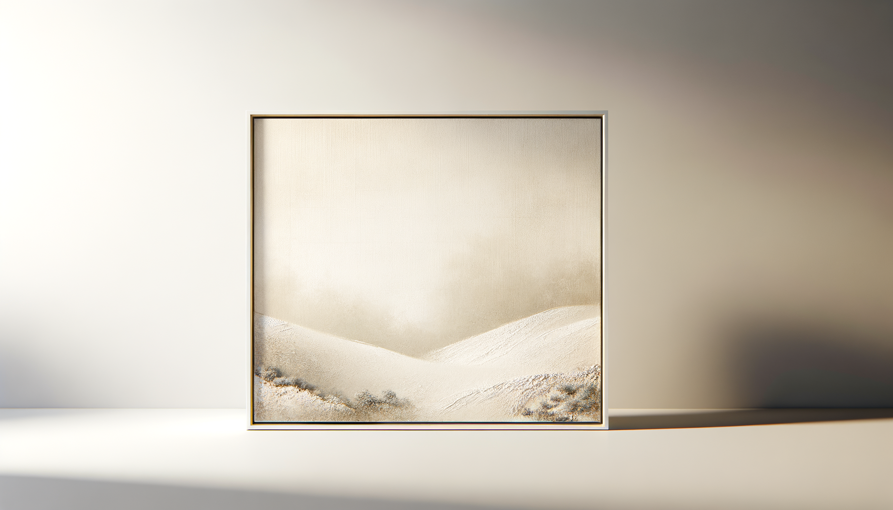 A framed artwork of sand dunes with a minimalist design placed on the floor against a wall.