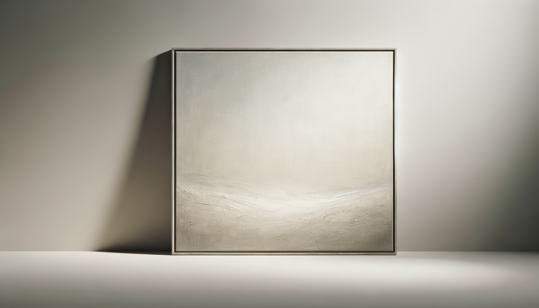 A minimalist framed artwork with a textured, predominantly white surface, mounted on a plain wall with a shadow cast on the left side.