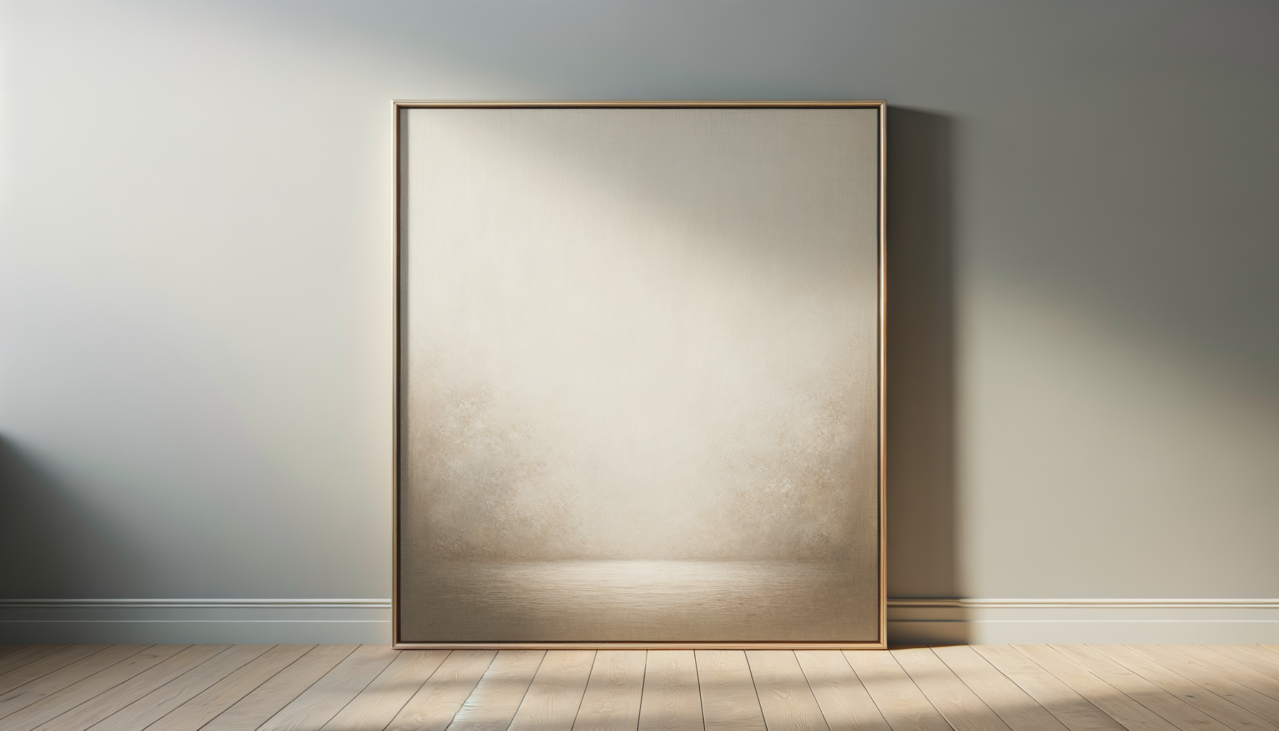 Empty beige framed canvas leaning against a beige wall in a room with wooden flooring.