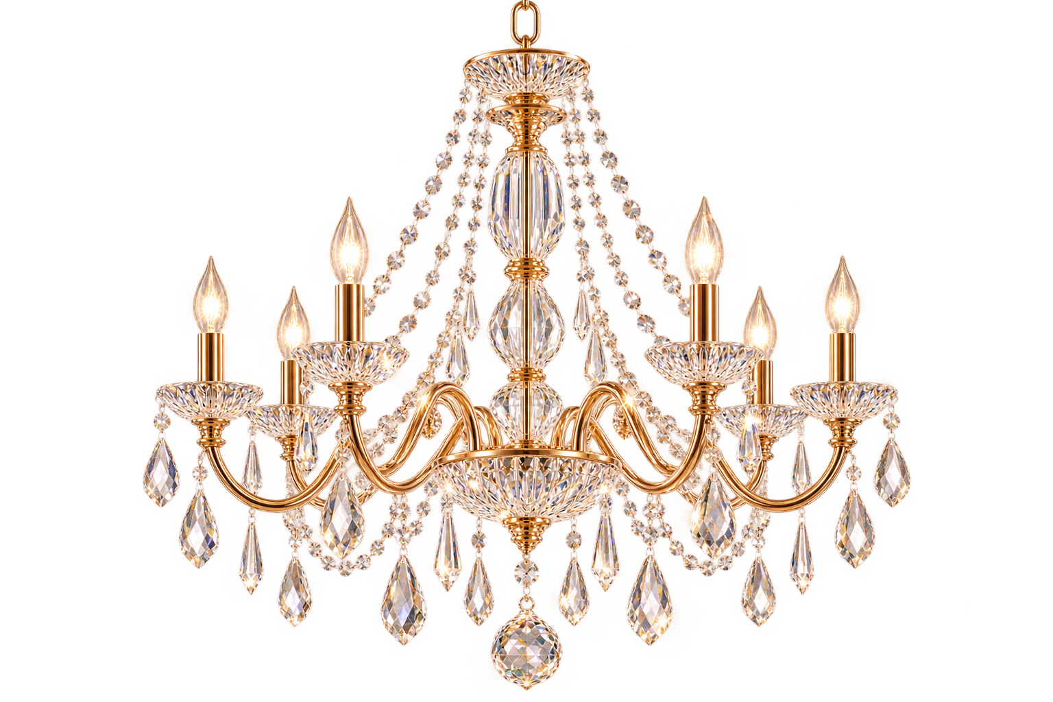 A gold and crystal chandelier with eight lit candle-shaped bulbs and hanging crystal prisms.