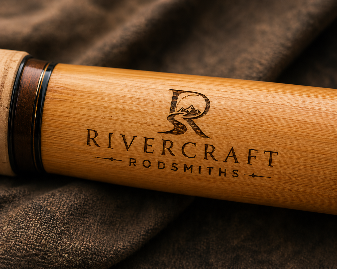 Close-up of a wooden fishing rod handle engraved with the logo and text 'Rivercaft Rodsmiths'