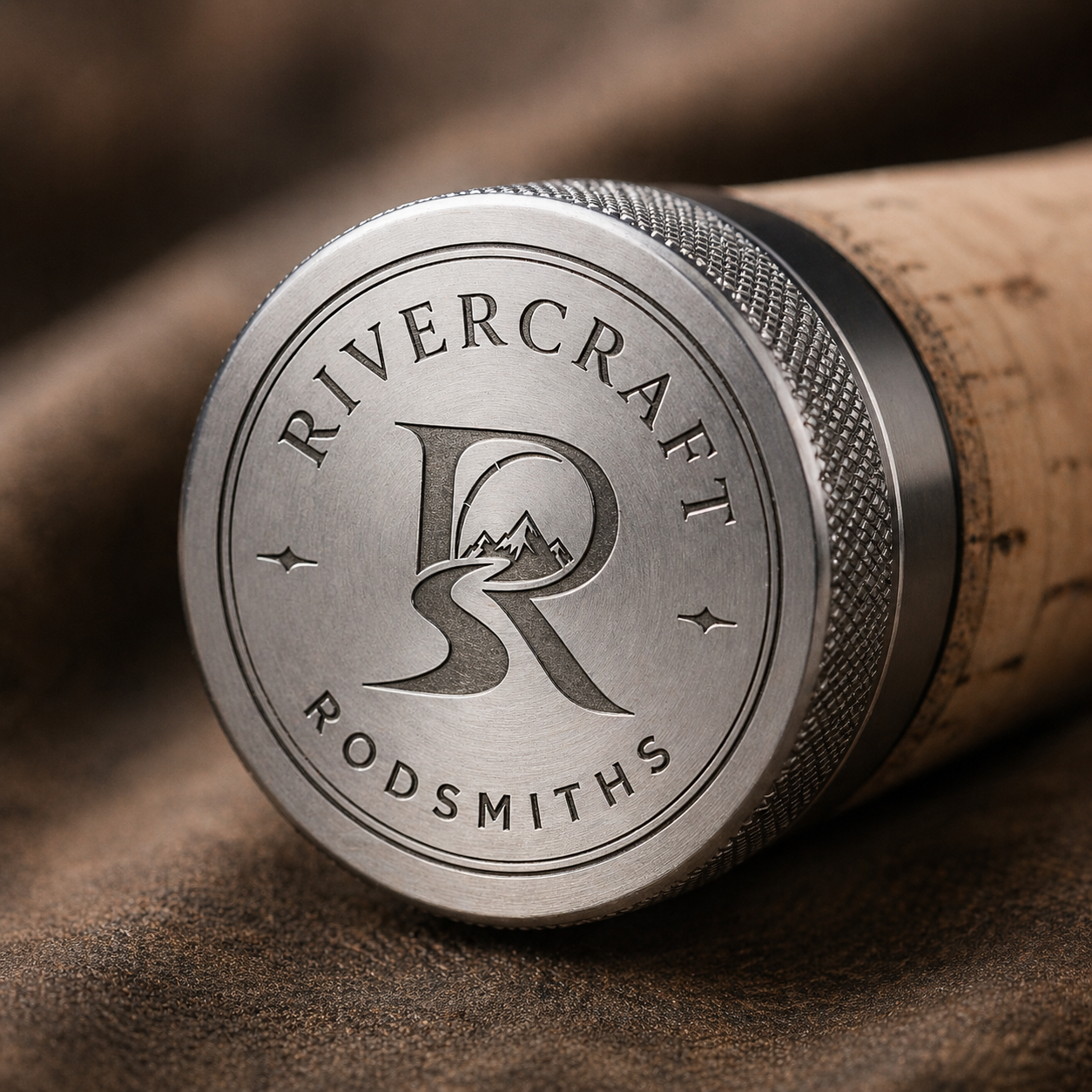 Close-up of a round, silver metal end cap on a fly rod with engraved logo and text for Rivercraft Rodsmiths