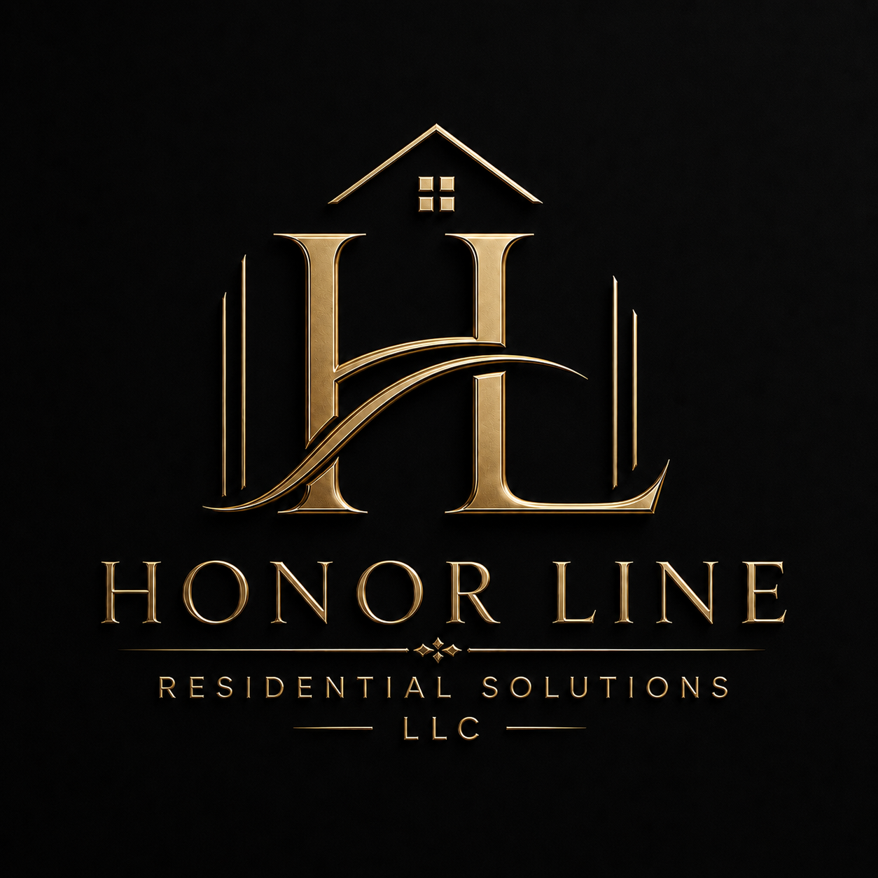 Gold logo with a house outline and the letters 'H' and 'L' intertwined, accompanied by text 'Honor Line Residential Solutions LLC' on a black background.