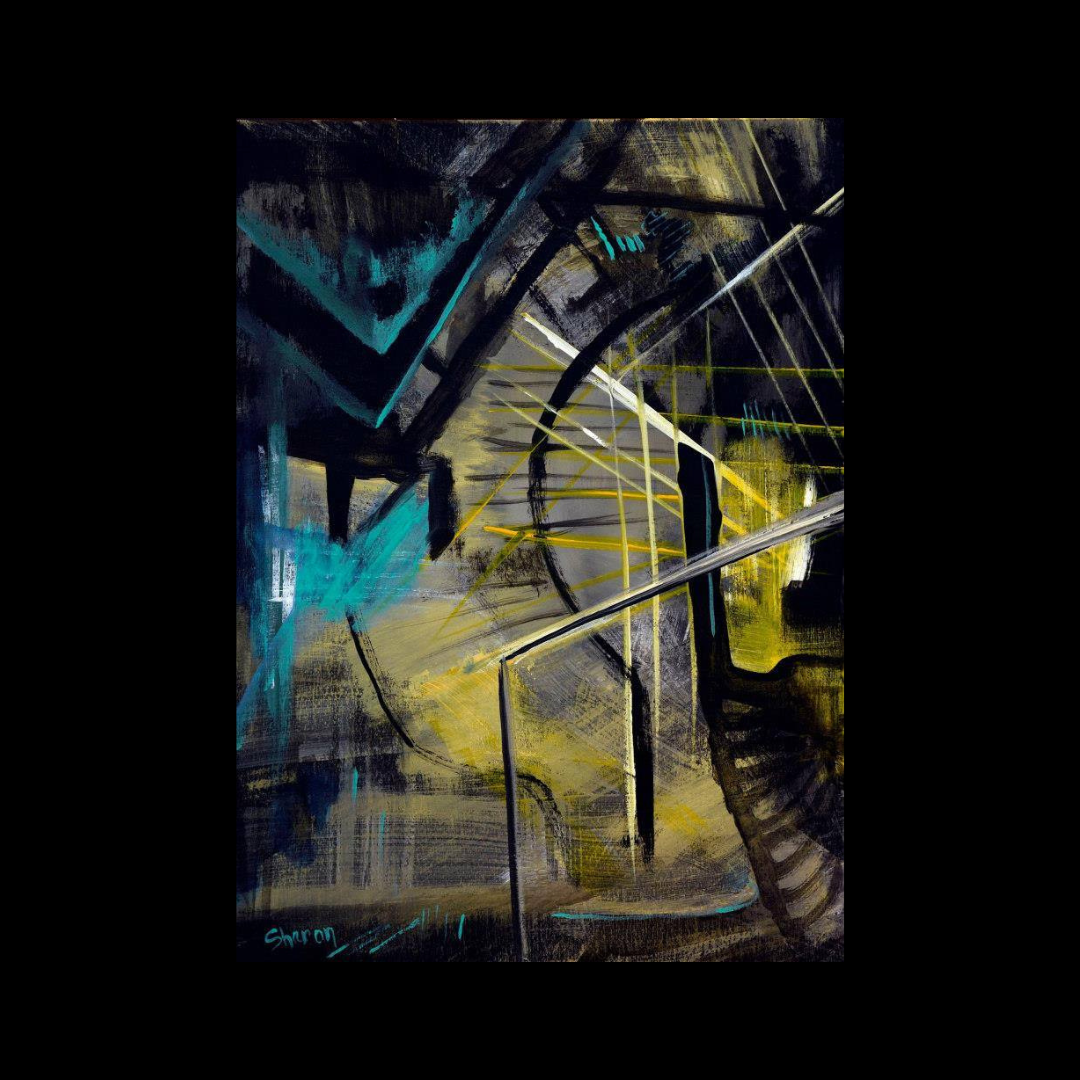 Abstract painting with black, yellow, and blue lines and shapes on a dark background.