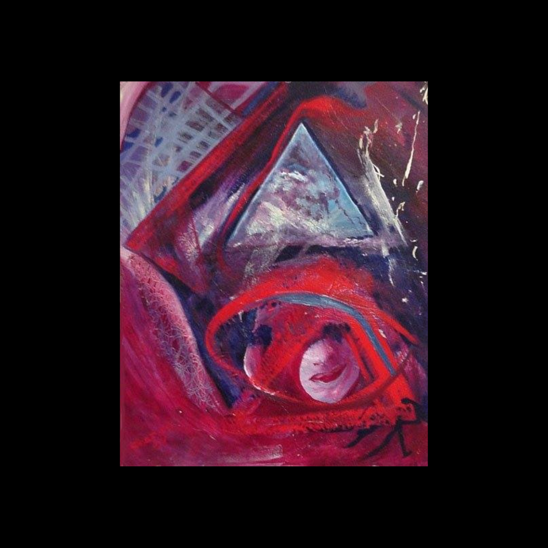Abstract painting featuring red, purple, and gray colors with geometric shapes and a woman's face.