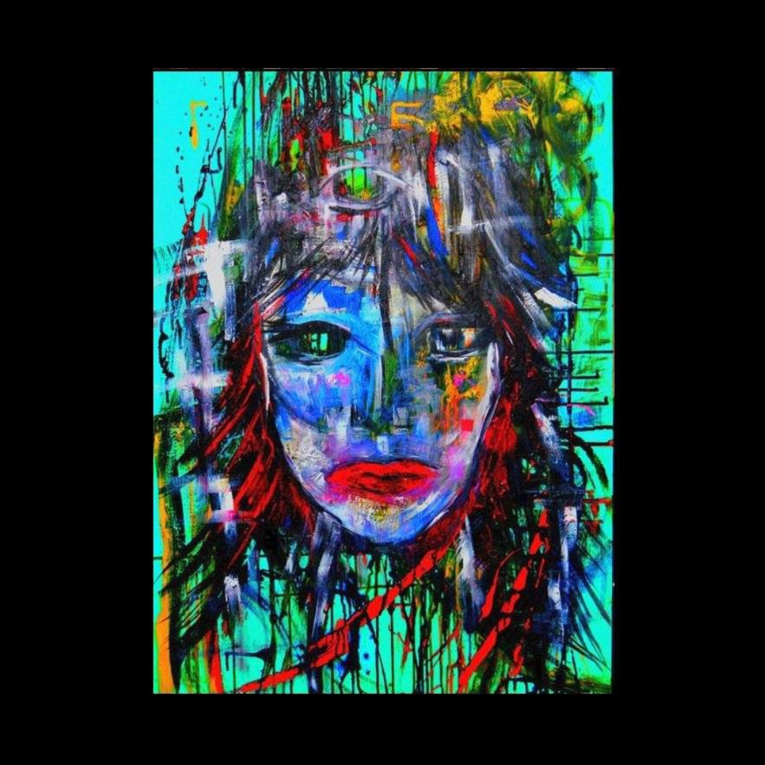 Colorful abstract portrait of a woman with red lips, blue and purple face, and green eyes, painted with bold brushstrokes and drips on a teal background.