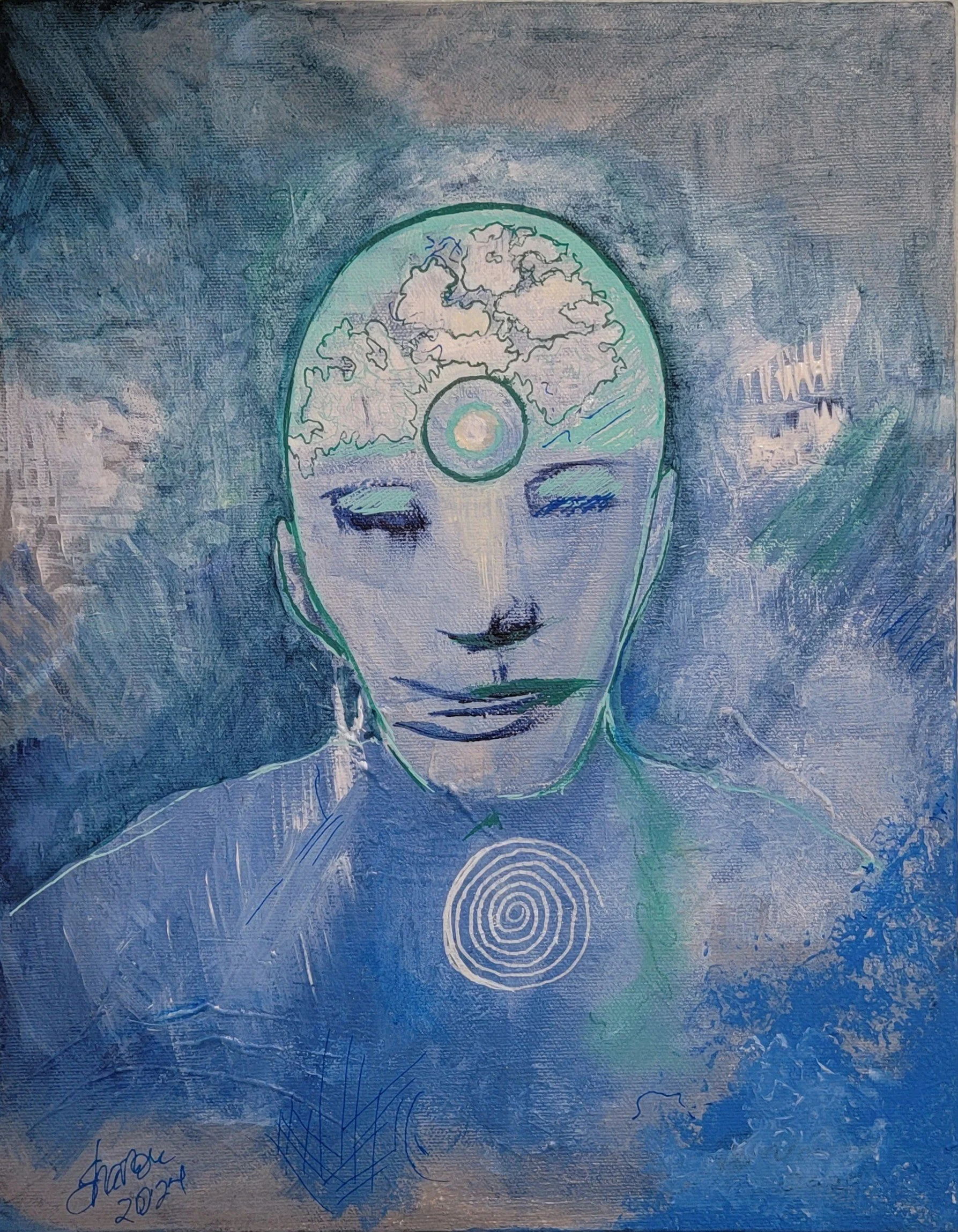 Original acrylic painting on canvas by Sharon Stallings featuring an androgynous self-portrait in blues and torquoise and a white spiral n top of the throat chakra.