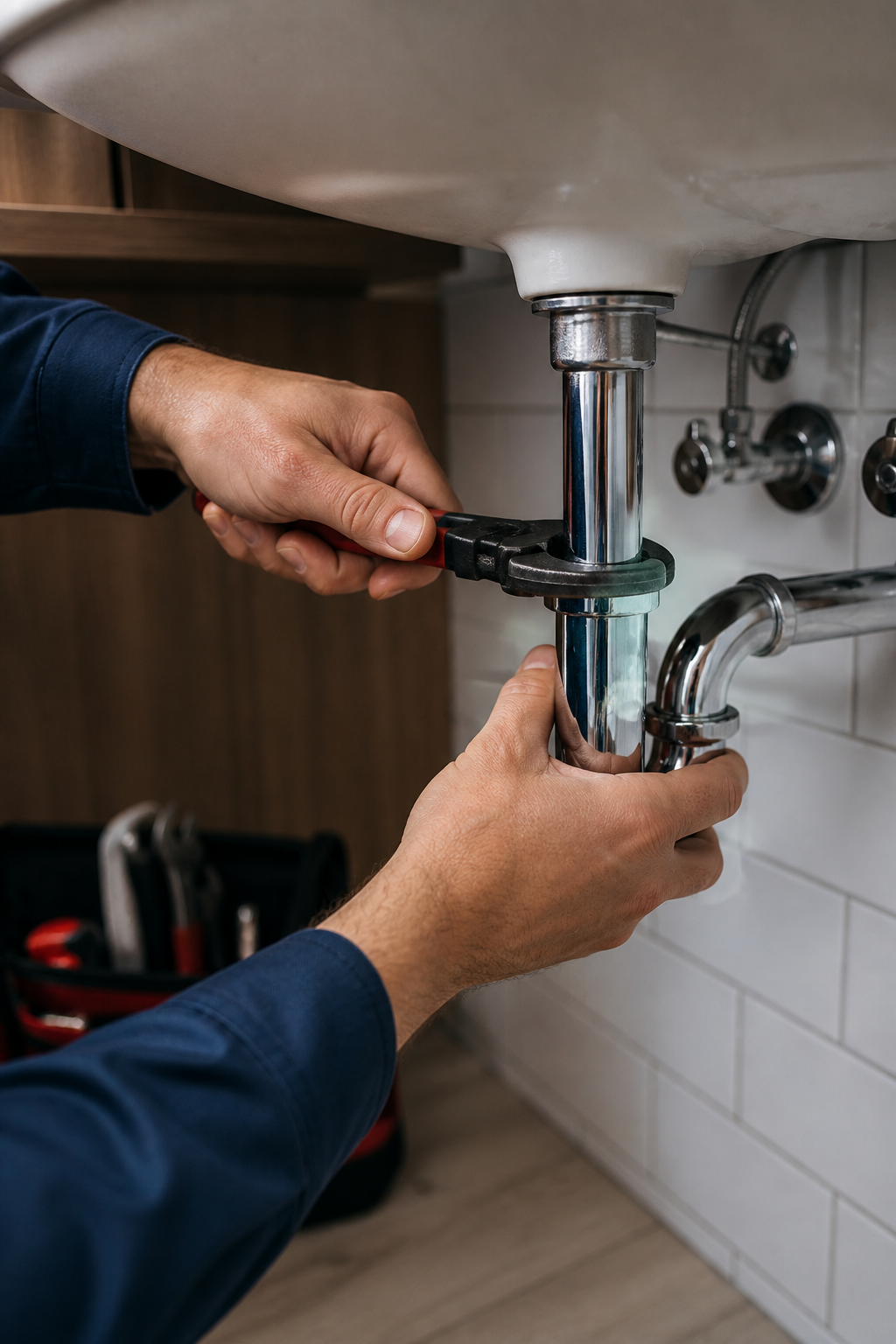 Person using a wrench to tighten a pipe under a sink.