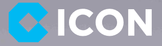The image shows a logo with a blue hexagonal icon and the word 'ICON' in gray capital letters.