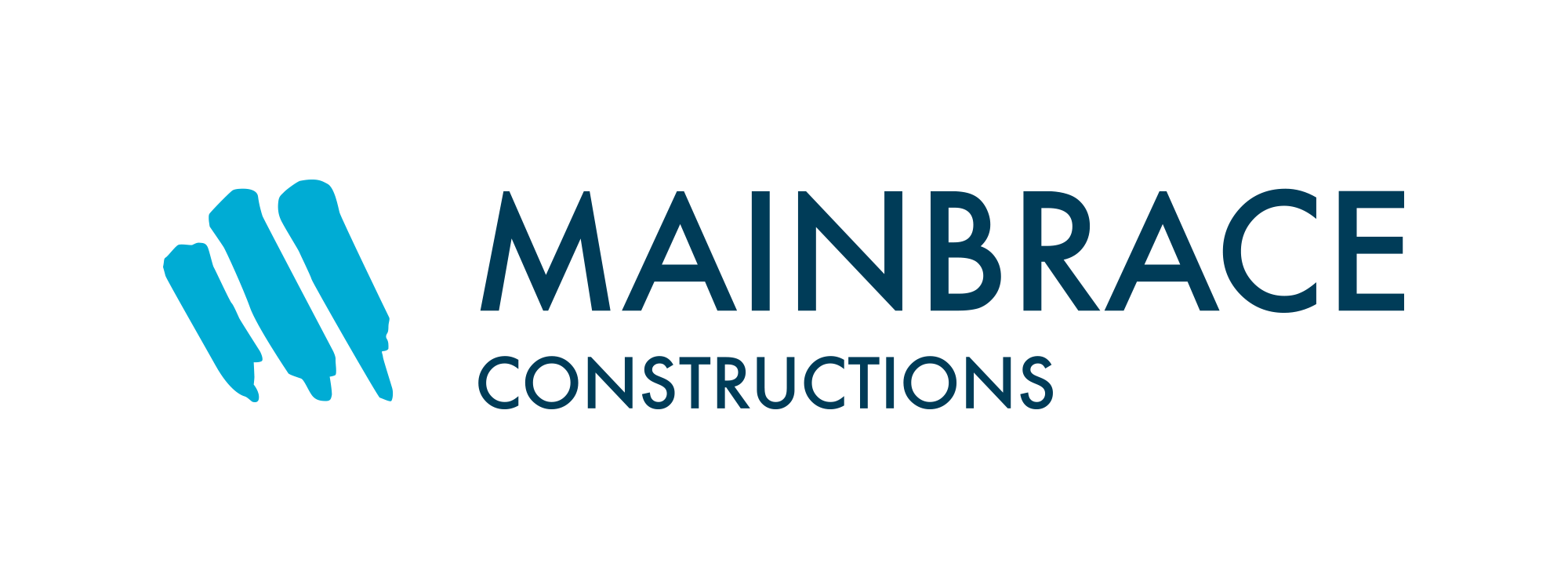 Mainbrace Constructions logo with black text and blue graphic elements of three brush strokes.