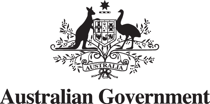The Australian Government emblem featuring a kangaroo and an emu holding a shield with a crown on top, surrounded by foliage and a banner reading 'Australia'.
