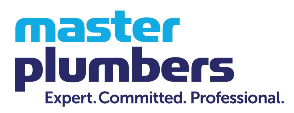 Master Plumbers logo with the tagline "Expert. Committed. Professional." in blue and dark blue text.