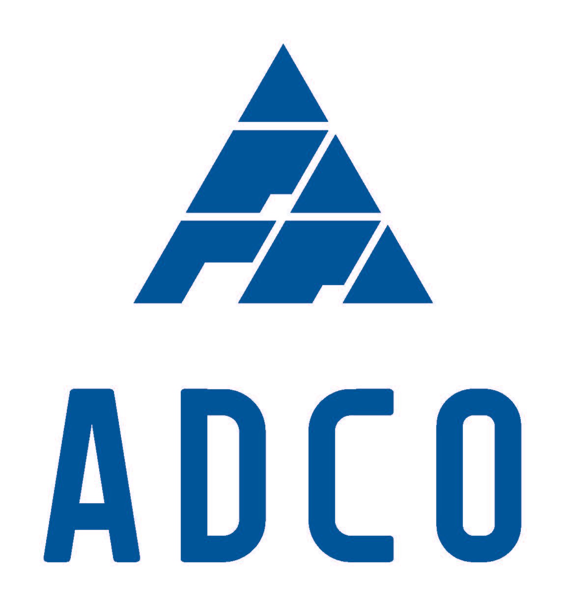 A logo with a blue pyramid made of interlocking triangles above the word 'ADCO' in blue uppercase letters.