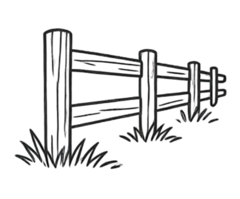 Illustration of a wooden fence with three horizontal planks and green grass at the base.